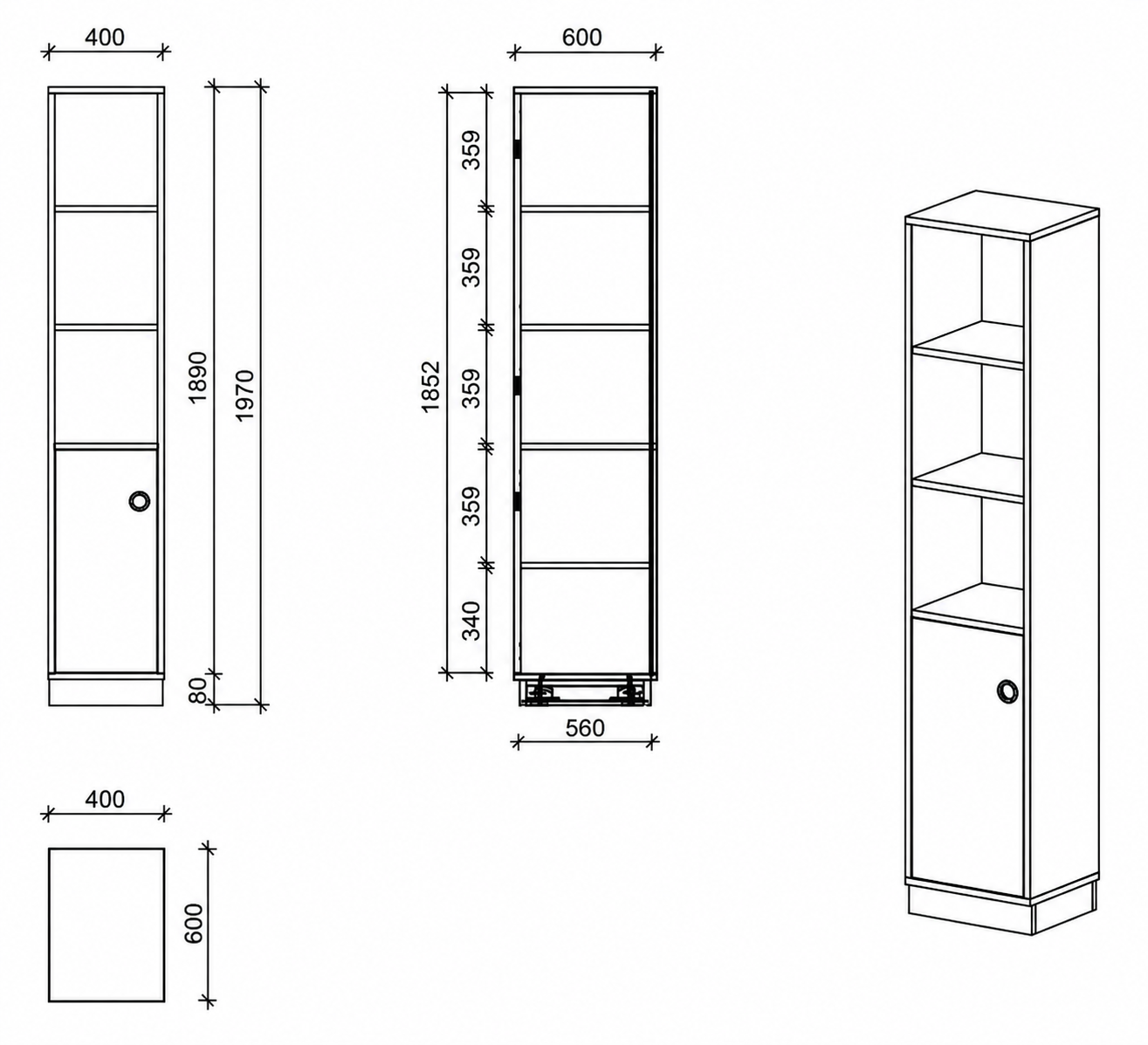 Schrank | mit Tür links und offenen Fächern, 5 OH -  basic | 40 x 197 x 60 cm