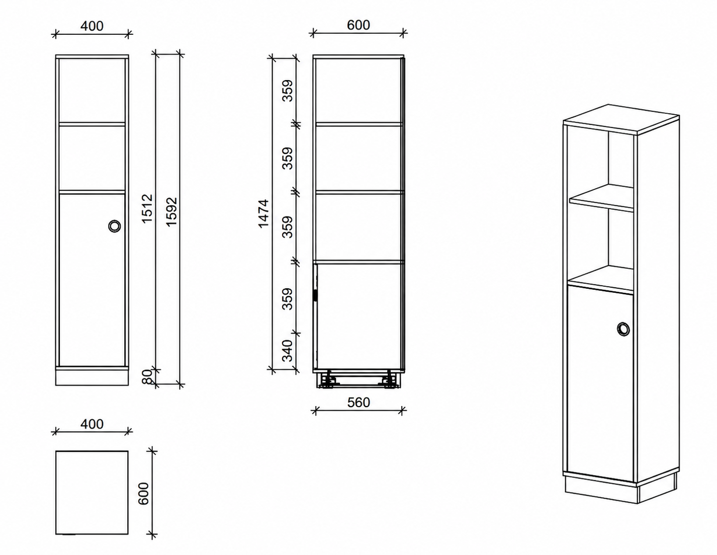 Schrank | mit Tür links und offenen Fächern, 4 OH -  basic | 40 x 159 x 60 cm