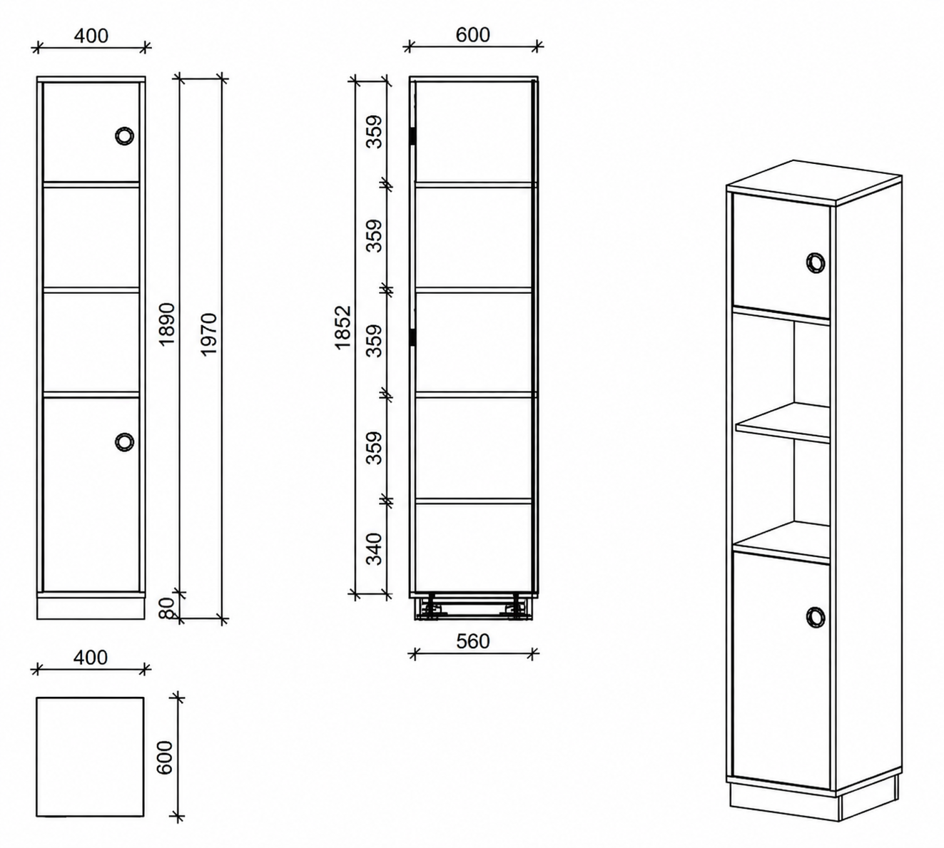 Schrank | mit Türen links und offenen Fächern, 5 OH -  basic | 40 x 197 x 60 cm