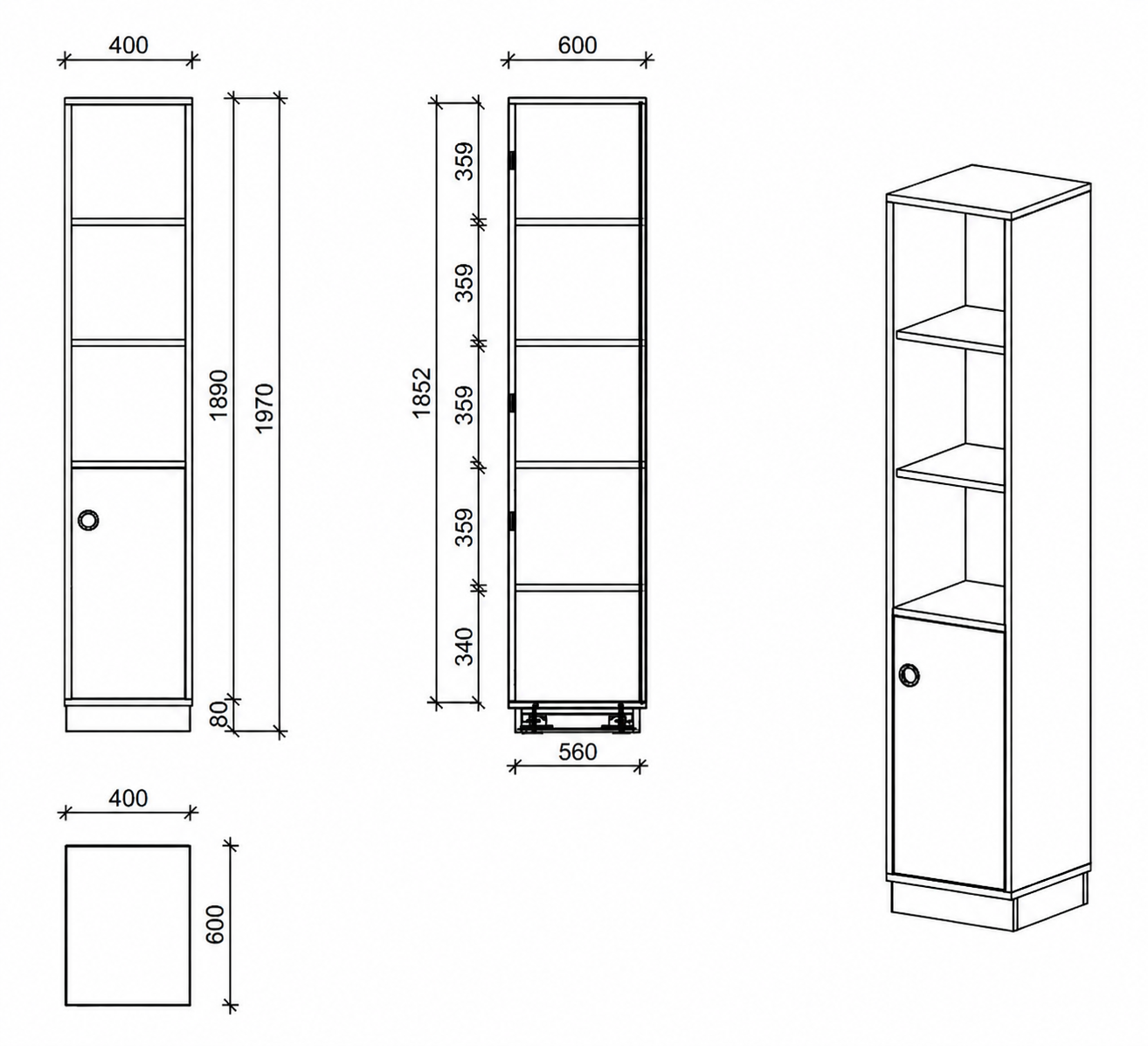 Schrank | mit Tür rechts und offenen Fächern, 5 OH -  basic | 40 x 197 x 60 cm