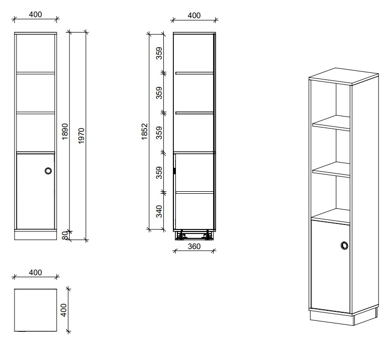 Schrank | Tür links und offene Fächer, 5 OH - Smart | 40 x 197 x 40 cm