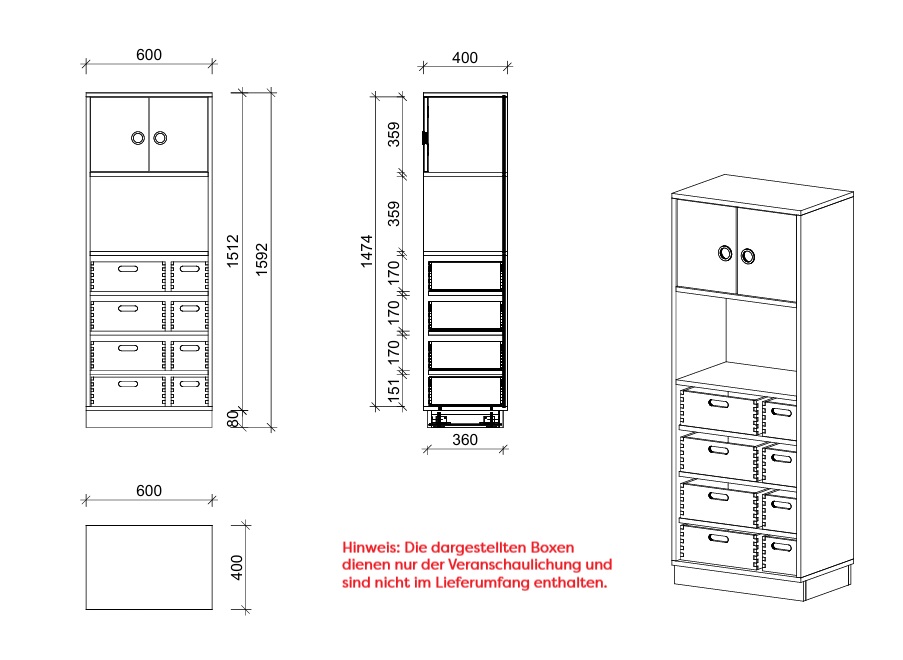 Schrank | mit 4 Fachböden für Boxen, offenem Fach und Türen, 4 OH - Smart | 60 x 159 x 40 cm