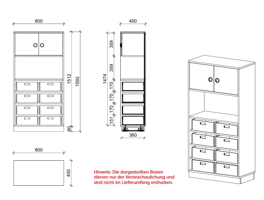 Schrank | mit 4 Fachböden für Boxen, offenem Fach und Türen, 4 OH - Smart | 80 x 159 x 40 cm