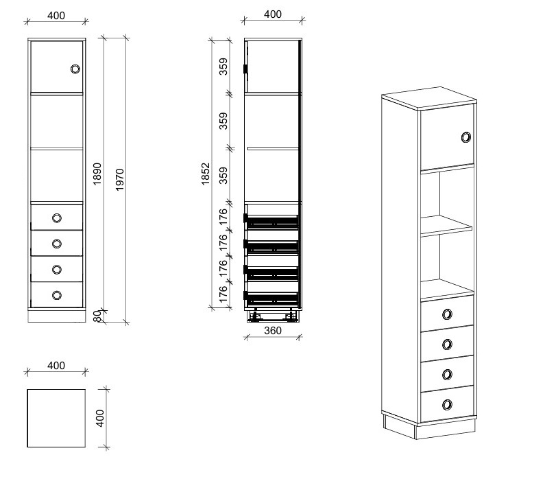 Schrank | mit Schubladen, Regal und Tür links, 5 OH - Smart | 40 x 197 x 40 cm