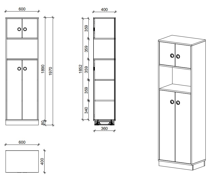 Schrank | Türen, offenes Fach und Türen, 5 OH - Basic | 60 x 197 x 40 cm