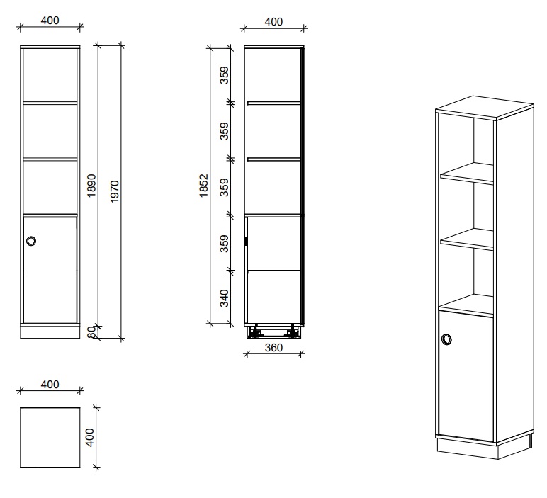 Schrank | Tür rechts und offene Fächer, 5 OH - Smart | 40 x 197 x 40 cm