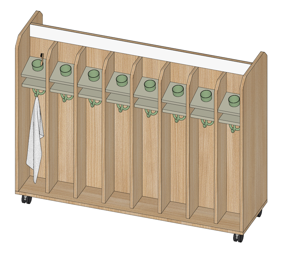 Zahnputzbecher- und Handtuchwagen | mit 16 Plätzen und Beschriftungsleiste | 137 x 109 x 40 cm