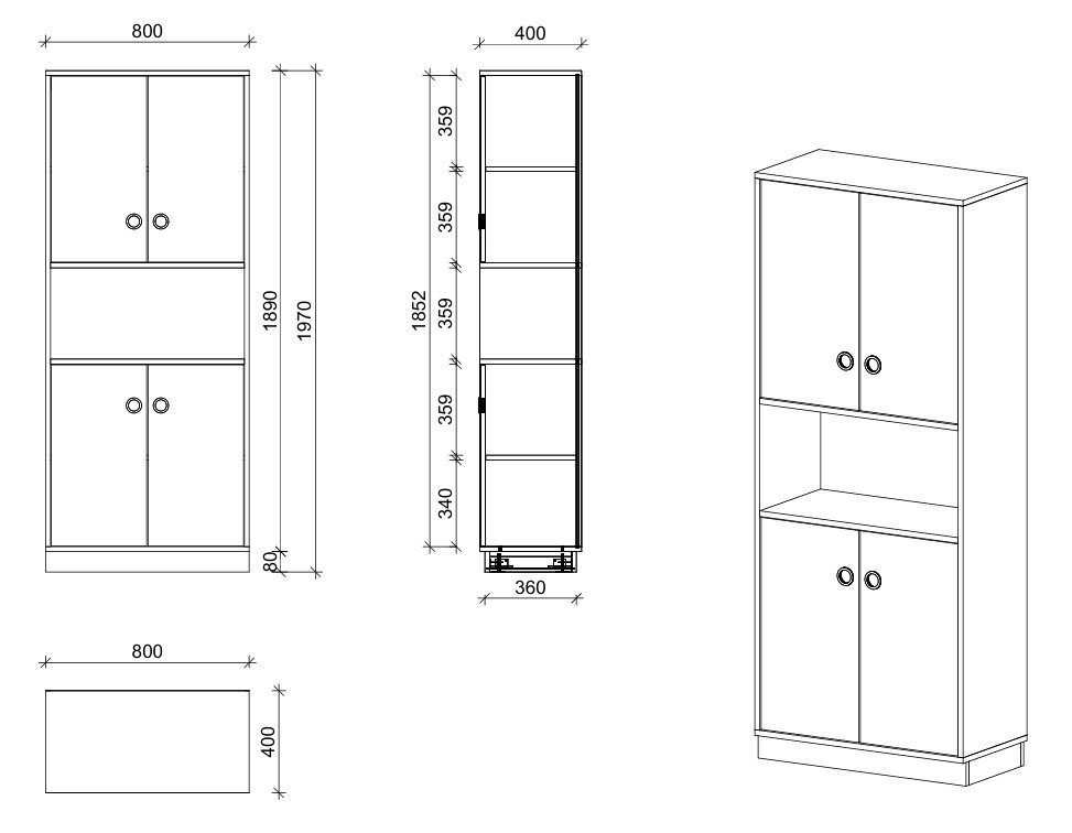 Schrank | mit Türen und offenem Fach, 5 OH - Smart | 80 x 197 x 40 cm