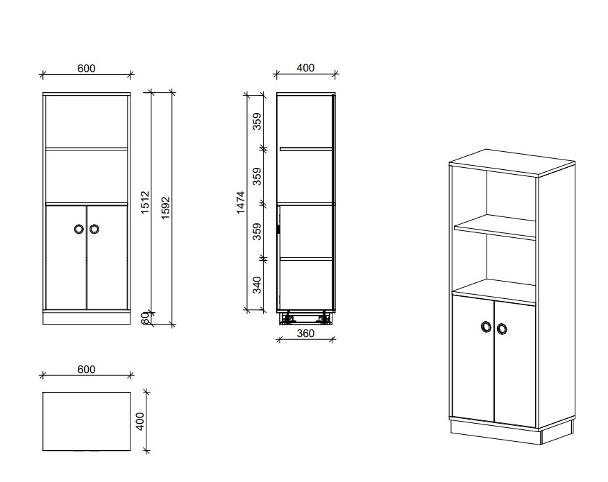 Schrank | Türen geschlossen und offene Fächer, 4 OH - Smart | 60 x 159 x 40 cm