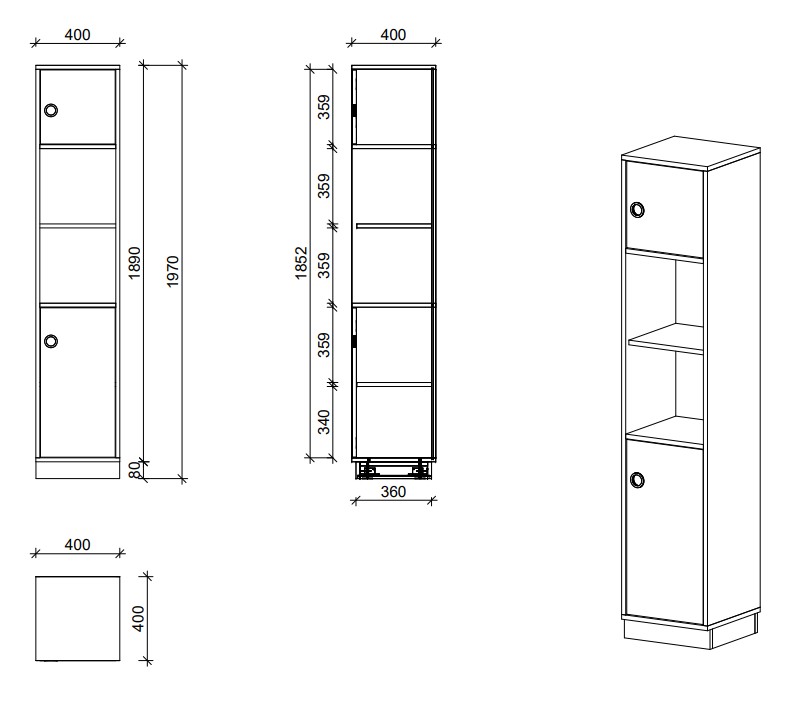 Schrank | Türen rechts und offene Fächer, 5 OH - Smart | 40 x 197 x 40 cm