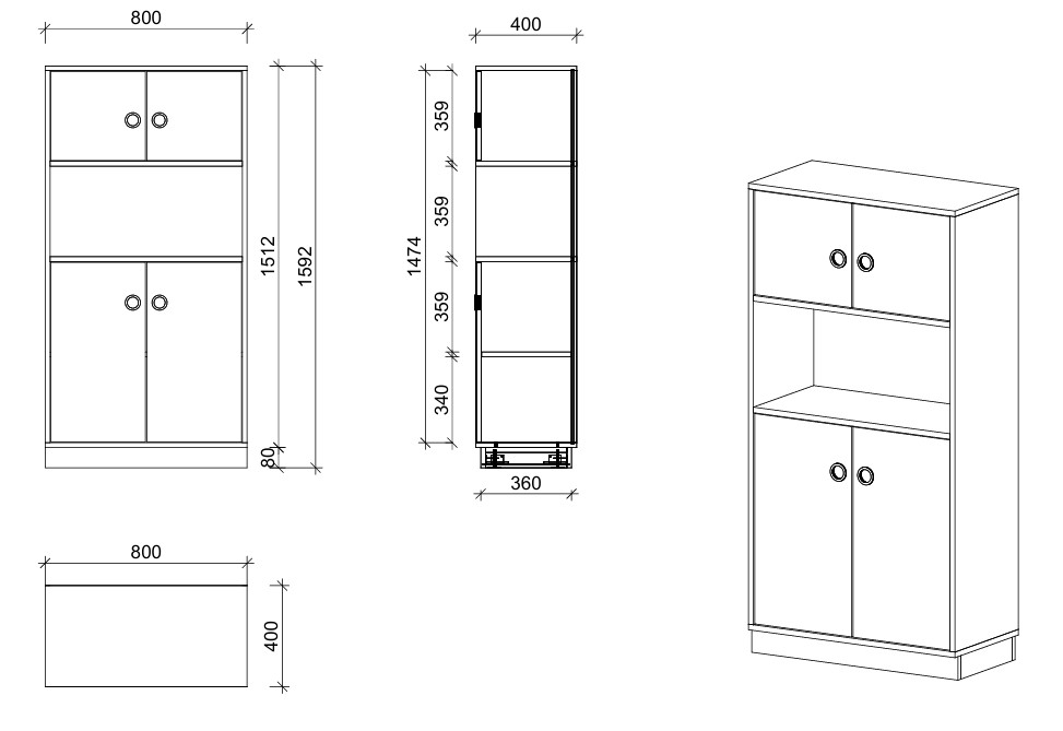 Schrank | mit Türen, offenem Fach, 4 OH - Smart | 80 x 159 x 40 cm