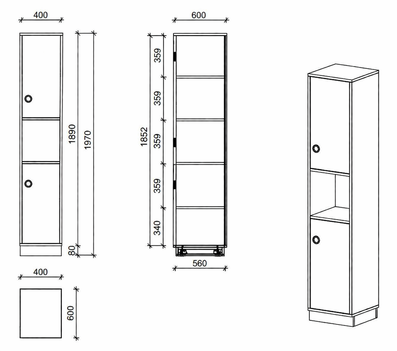 Schrank | mit Türen rechts und offenem Fach, 5 OH -  basic | 40 x 197 x 60 cm