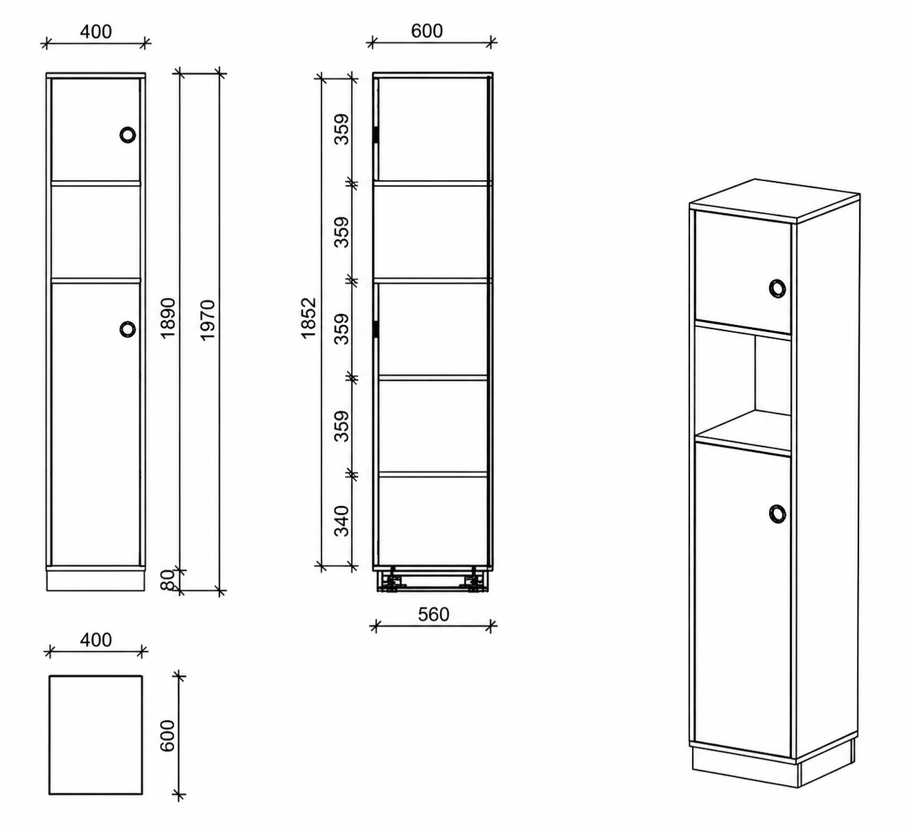 Schrank | mit Türen links und offenem Fach, 5 OH -  basic | 40 x 197 x 60 cm